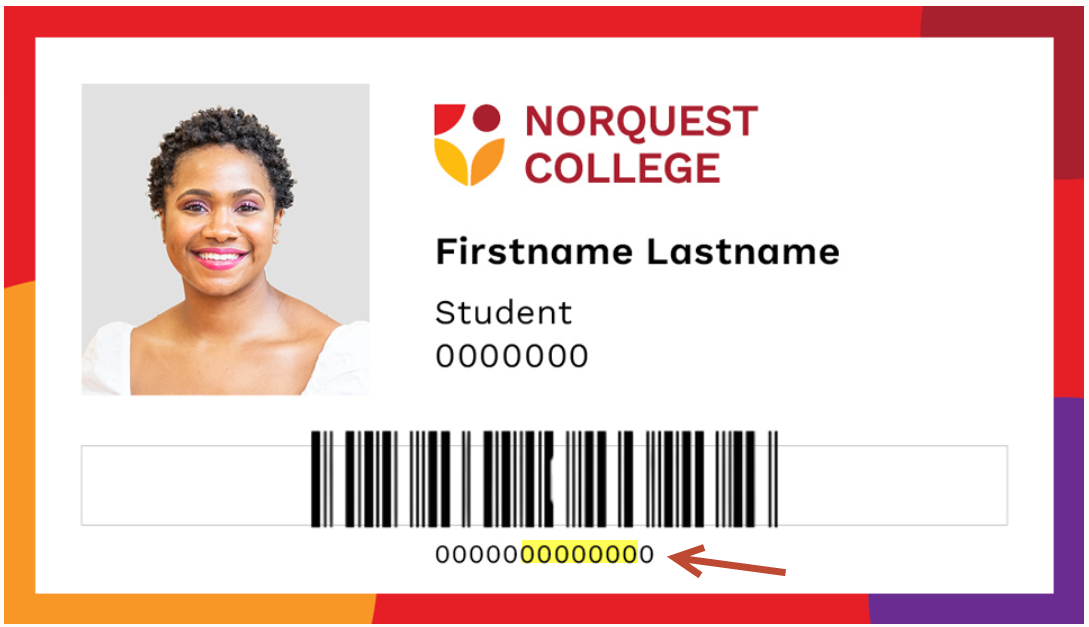 Your NorQuest student ID card has your library barcode printed at the bottom - it is a 13 digit number that starts with 138.